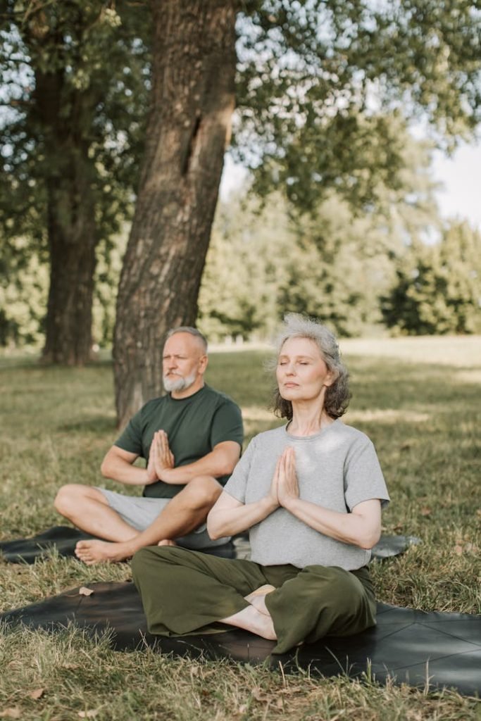 An elderly couple practicing yoga meditation outdoors on a sunny day in the park for wellness and relaxation.