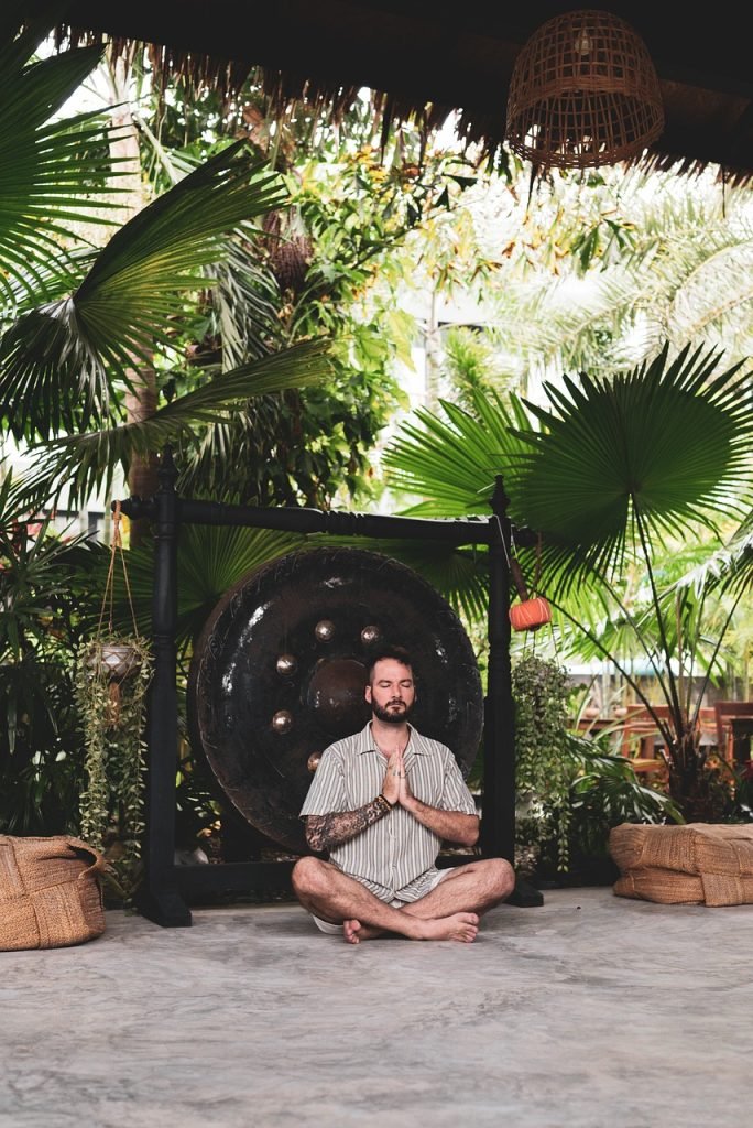 meditation, yoga, retreat, gong, breath work, phuket, thailand, tropical, yoga chalet, man